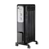 The PELONIS 1,500-Watt Oil-Filled Radiant Electric Space Heater by Pelonis is a black, portable unit ideal for efficient heating. It features multiple fins and caster wheels for easy movement and includes two knobs on the control panel for precise thermostat and power adjustments.